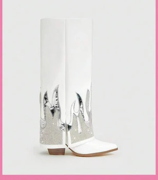 Большие размеры 44, сапоги до середины икры с украшением в виде кристаллов, женская обувь на толстом высоком каблуке с острым носком, модные ботинки 2023 года, Zapatos Para Mujere Изображение 2