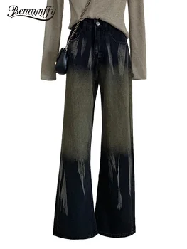 Benuynffy, Новая уличная одежда, Джинсы с высокой талией, женские американские Винтажные Потертые Свободные Шикарные прямые широкие брюки 2024