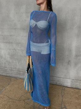 Сексуальное открытое женское пляжное платье 2024, Летние трикотажные вечерние платья с открытой спиной, синее облегающее платье Maix для женщин, Vestidos из основы