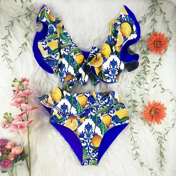 Синий купальник бикини с рюшами и лимонным краем 2023, Модный летний Пляжный костюм с высокой талией и открытой спиной, Сексуальный роскошный купальник