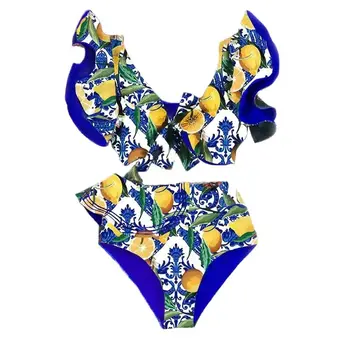 Синий купальник бикини с рюшами и лимонным краем 2023, Модный летний Пляжный костюм с высокой талией и открытой спиной, Сексуальный роскошный купальник Изображение 2