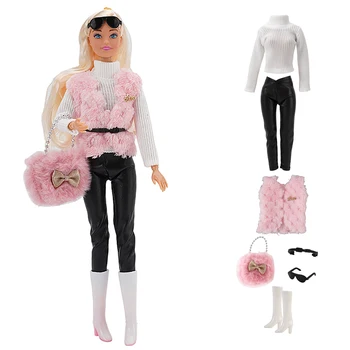 Официальный NK 1 комплект модной одежды для кукол: топ + розовый жилет + брюки + очки + пояс + обувь + сумка для куклы Барби 30 см Аксессуары