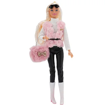 Официальный NK 1 комплект модной одежды для кукол: топ + розовый жилет + брюки + очки + пояс + обувь + сумка для куклы Барби 30 см Аксессуары Изображение 2