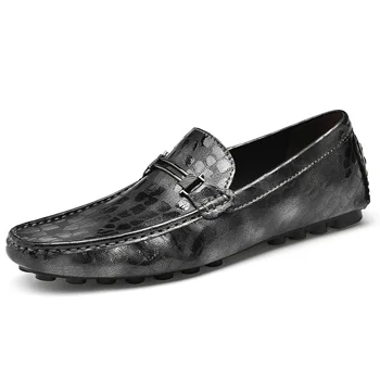 Весенняя брендовая Черная Повседневная обувь из натуральной кожи, Мужские серые модельные туфли без застежки, мужские мокасины большого размера： 36-47 Изображение 2