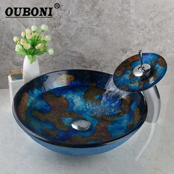 OUBONI Синий ручной росписью Стеклянный кран для раковины в ванной, Раковина для ванной, Умывальник, раковина для унитаза из закаленного стекла, Комбинированный набор смесителей, кран