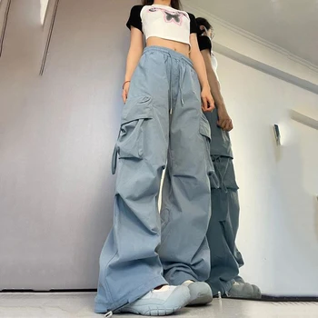 2023 Женские брюки-карго Y2K, уличная одежда с высокой талией, брюки в стиле хип-хоп, женские карманы, повседневные мешковатые спортивные брюки с низкой талией на шнурке Изображение 2