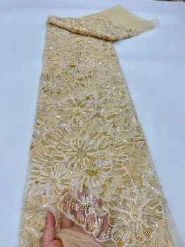 Красивые многоцветные блестки, вышивка золотым бисером, французский тюль, сетчатая африканская ткань для женских вечерних платьев, свадебных вечеринок Изображение 2