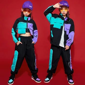 Детская одежда в стиле хип-хоп для девочек, короткая куртка, толстовка, топы до пупка, Повседневные брюки, костюмы для уличных танцев в стиле хип-хоп, одежда для джазового рейва