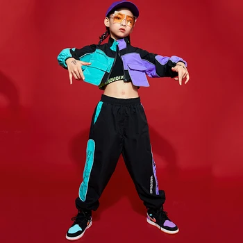 Детская одежда в стиле хип-хоп для девочек, короткая куртка, толстовка, топы до пупка, Повседневные брюки, костюмы для уличных танцев в стиле хип-хоп, одежда для джазового рейва Изображение 2