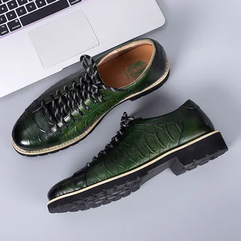 Зеленые повседневные кроссовки из натуральной кожи, мужские оксфорды, роскошные деловые повседневные модельные туфли с крокодиловым узором, плюс размер 46