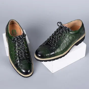 Зеленые повседневные кроссовки из натуральной кожи, мужские оксфорды, роскошные деловые повседневные модельные туфли с крокодиловым узором, плюс размер 46 Изображение 2