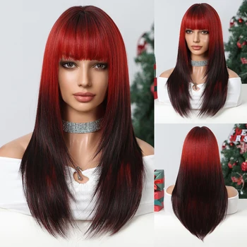 Синтетические парики Черный Бордовый Красный Омбре до плеч Парик с челкой для женщин Цветной Косплей Парик Хэллоуин Рождественская вечеринка