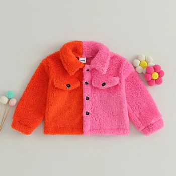 Зимняя куртка для маленьких девочек с длинным рукавом и отложным воротником контрастного цвета, верхняя одежда для повседневной носки. Изображение 2