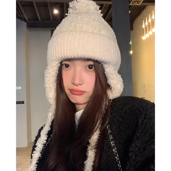 Корейская зимняя универсальная теплая шапка-пуловер с защитой ушей, однотонная утолщенная вязаная Женская шапка-бини с черепом на шнуровке.