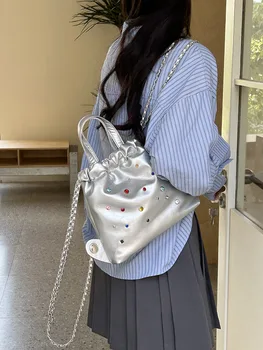 Корейский дизайн в нише, цветной рюкзак с драгоценными камнями, модная цепочка, веревка, маленький рюкзак, сумка для студентов колледжа Изображение 2