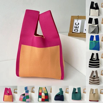Вязаная сумочка ручной работы, женская сумка на запястье с мини-узлом, японская повседневная цветная сумка в широкую полоску, студенческие сумки для покупок многоразового использования