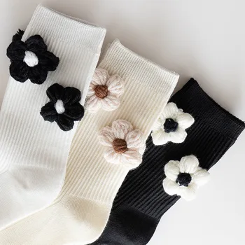 Шерстяные вязаные носки с цветами в Корейском стиле Harajuku Kawaii, милые хлопковые осенне-зимние носки средней длины Носки с ц