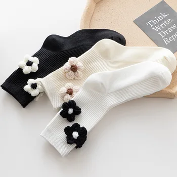 Шерстяные вязаные носки с цветами в Корейском стиле Harajuku Kawaii, милые хлопковые осенне-зимние носки средней длины Носки с ц Изображение 2
