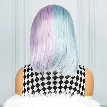 Средний цветной парик, Двухцветный Черный корень, розовый и синий Парик, Парики средней части, Синтетические Парики на кружеве 13X3 дюйма, Термостойкие Изображение 2