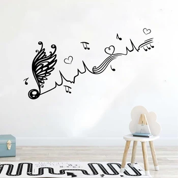 Большой музыкальный лист с крыльями, орнамент в виде сердечек, наклейка на стену, Наклейка для спальни, гостиной, детской, Виниловый декор для дома Изображение 2