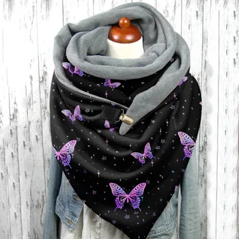 Женский шарф с модными принтами, теплый ветрозащитный двухслойный зимний шарф-снуд с бабочкой, шарфы с пряжкой, зимний шарф-накидка, женский шарф Изображение 2