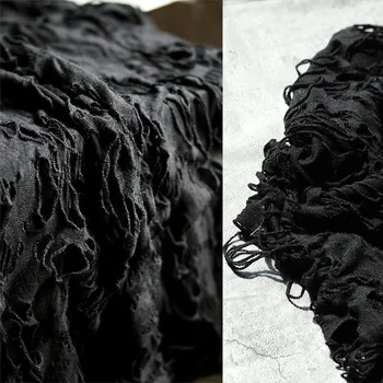 Восстанавливающая эластичная футболка, свитер, дизайнерская ткань из потрепанного черного жаккарда, тяжелая текстурированная хлопчатобумажная ткань ручной работы