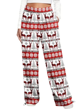 Edhomenn Женские Рождественские брюки с принтом Лося, Санта-Клауса, Брюки на завязках, Свободные Рождественские Пижамные штаны