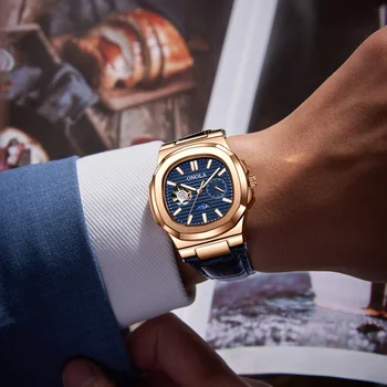 Мужские деловые полые механические часы ONOLA, высококачественные водонепроницаемые кожаные часы, мужские часы Изображение 2