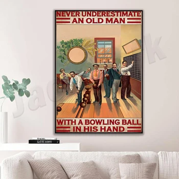 Люди играют в боулинг, вывеска, винтажное украшение клуба, старик, держащий шар для боулинга, плакат, украшение стены Изображение 2