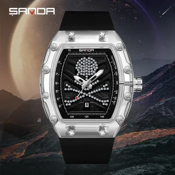 SANDA Sanda Новые 7051, хит продаж, мужские кварцевые часы, модный тренд, крутые наручные часы со скелетной головкой в виде кирпича Изображение 2