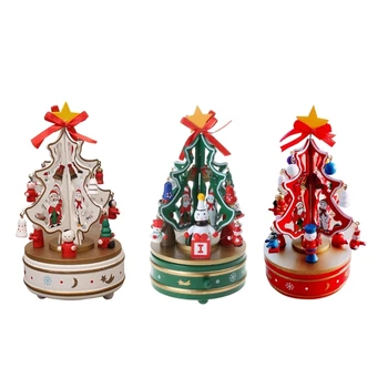 Деревянная музыкальная шкатулка в форме Рождественской елки с подвесным заводным вращающимся декором