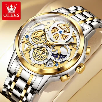 OLEVS, новые модные мужские кварцевые часы в стиле скелета, многофункциональные часы с хронографом фазы Луны, 24 часа, мужские