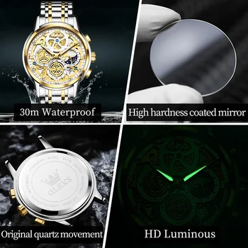 OLEVS, новые модные мужские кварцевые часы в стиле скелета, многофункциональные часы с хронографом фазы Луны, 24 часа, мужские Изображение 2