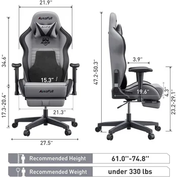 Компьютерное кресло в гоночном стиле из искусственной кожи с высокой спинкой, регулируемое поворотное рабочее кресло с подставкой для ног (серое), эргономичное кресло для офиса Изображение 2