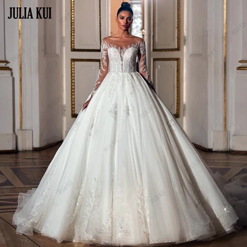 Джулия Куи, свадебные платья А-силуэта с круглым вырезом и вышивкой бисером, пышные рукава, элегантное кружево, свадебные платья