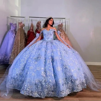 Голубое Пышное Платье Принцессы 2024, Бальное Платье, Кружевная Аппликация, Блестки, Бант Из Бисера, Сладкий 16 Vestidos De XV Anos