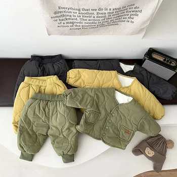 Осенне-зимний костюм для новорожденных, Стеганая куртка для маленьких мальчиков и девочек, Теплое хлопчатобумажное пальто + флисовые брюки, комплект из 2 предметов