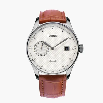 Модные мужские часы Parnis 43 мм с белым циферблатом, автоматические Механические мужские часы, запас хода, Календарь, Кожаный ремешок, часы Relogio Masculino