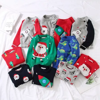 Уютные рождественские свитера для малышей и детские праздничные вязаные пуловеры с забавными рождественскими принтами для праздника 1-7 лет Изображение 2