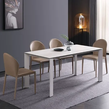 Спинка стула для обеденного стола в итальянском стиле кремового цвета, минималистичный дизайнерский небольшой бытовой кожаный стул с седлом Изображение 2