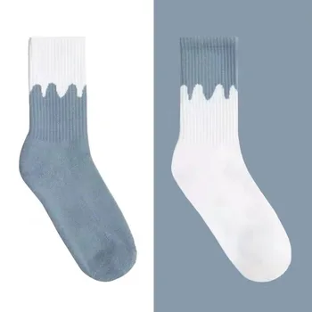 2021 Кремовые Струящиеся Бело-синие Носки в клетку с контрастной строчкой в стиле Харадзюку, Мужские и женские Носки, Хлопковые носки для экипажа