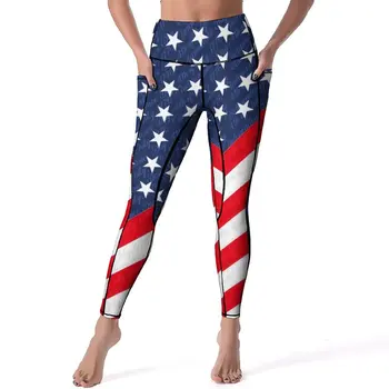 Карманы штанов для йоги с флагом США, Леггинсы на День независимости 4 июля, Сексуальные дышащие спортивные колготки для йоги с эффектом пуш-ап, леггинсы для тренировок