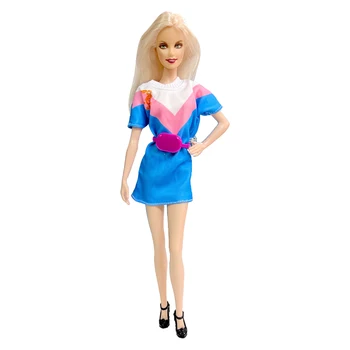 NK Official, повседневное платье для благородной куклы из 2 предметов: платье с круглым вырезом + розовая поясная сумка для куклы Барби, 1/6 аксессуаров, игрушки для переодевания. Изображение 2