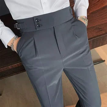 2023 Новые мужские костюмные брюки Slim Fit, деловые, офисные, с высокой талией, классические Корейские повседневные брюки, брюки высшего качества, мужской бренд B82 Изображение 2