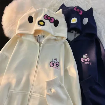 Kawaii Sanrio аниме Hello Kitty Милое мультяшное пальто с капюшоном Модная простая толстовка с капюшоном Милые вещи для девочек