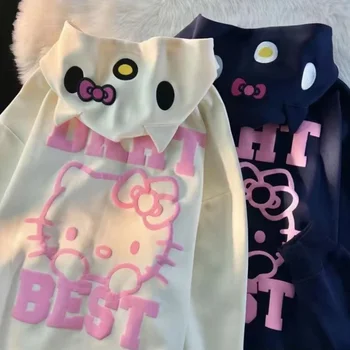 Kawaii Sanrio аниме Hello Kitty Милое мультяшное пальто с капюшоном Модная простая толстовка с капюшоном Милые вещи для девочек Изображение 2