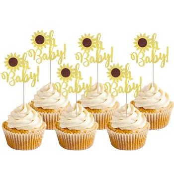 Топперы для кексов Sunflower Oh Baby с золотым блеском для торта в гендерной тематике Baby Shower Украшение торта на 1-й день рождения