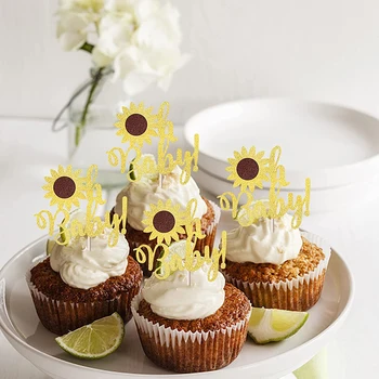 Топперы для кексов Sunflower Oh Baby с золотым блеском для торта в гендерной тематике Baby Shower Украшение торта на 1-й день рождения Изображение 2