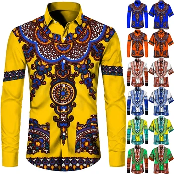 Модные мужские рубашки с коротким / длинным рукавом с африканским принтом, топы с отложным воротником в этническом стиле на пуговицах, одежда для примитивных племенных пар