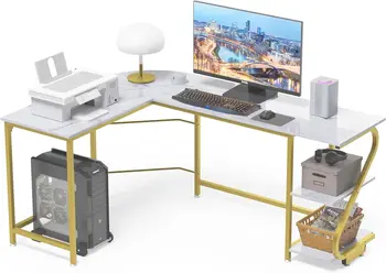 L-образный компьютерный стол с местом для хранения, Домашний игровой офис, Письменное рабочее место, Угловой стол, Белый Мрамор, Золото